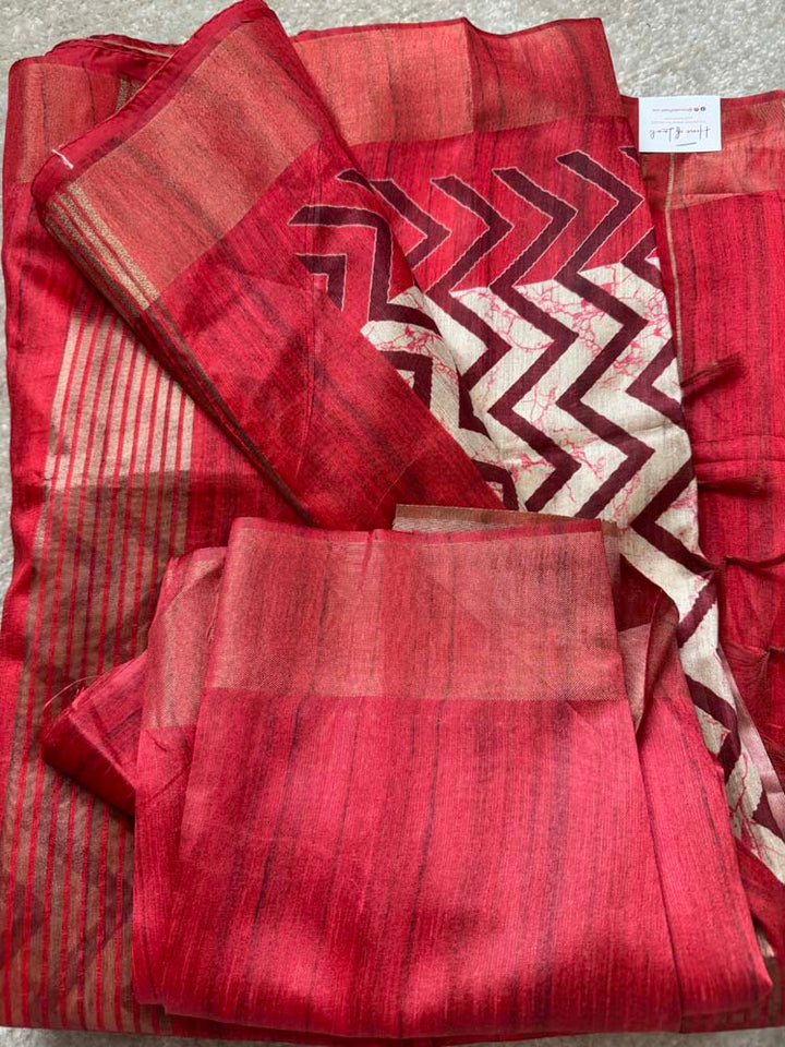 Red & Off-White Tussar Silk Saree