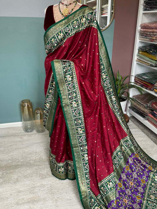 Maroon with Purple Pure Patola with mirror work embroidery