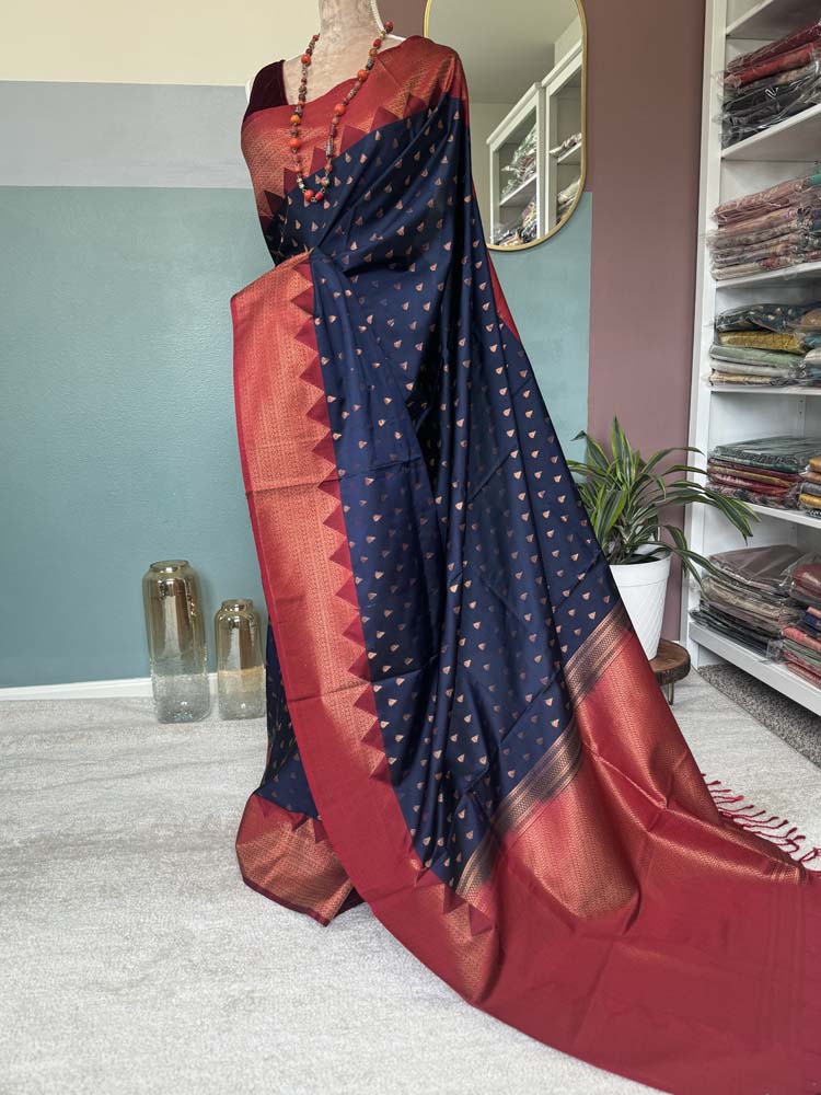 Navy Blue Banarasi Soft Pure Silk Saree