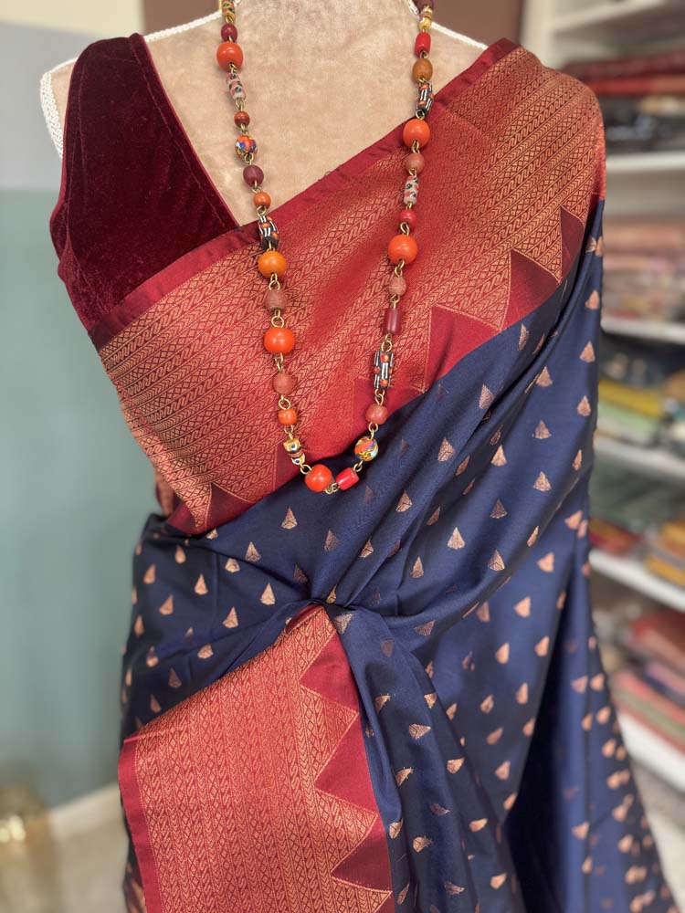 Navy Blue Banarasi Soft Pure Silk Saree