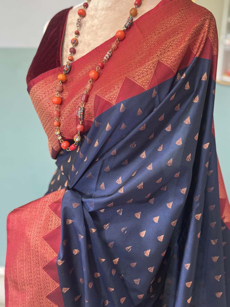 Navy Blue Banarasi Soft Pure Silk Saree