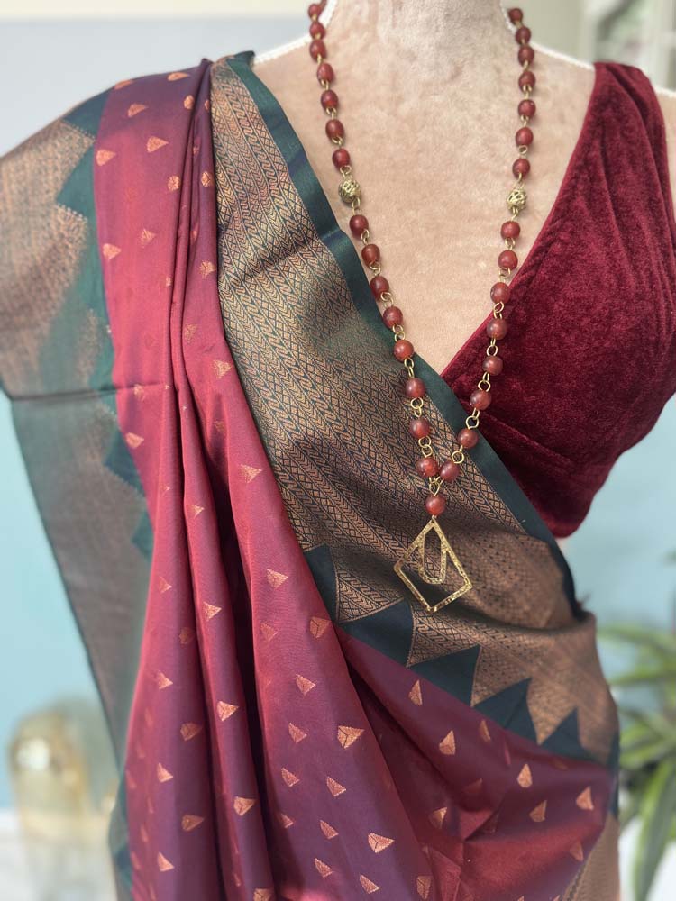 Maroon Green Banarasi Soft Pure Silk Saree