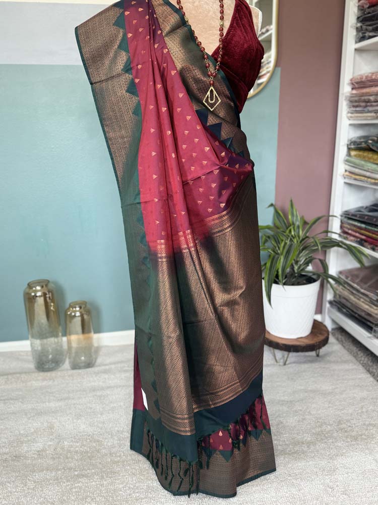 Maroon Green Banarasi Soft Pure Silk Saree