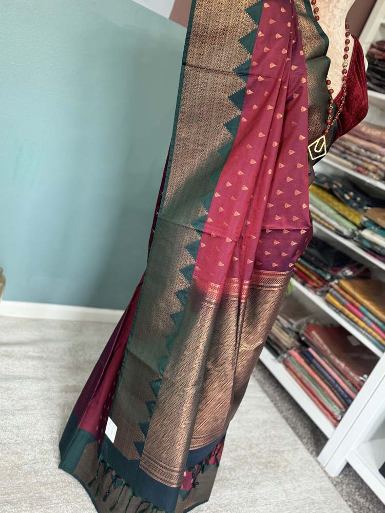 Maroon Green Banarasi Soft Pure Silk Saree