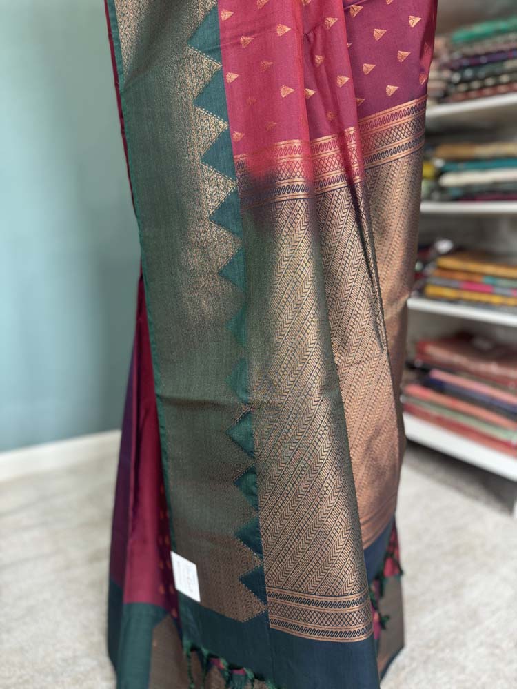 Maroon Green Banarasi Soft Pure Silk Saree