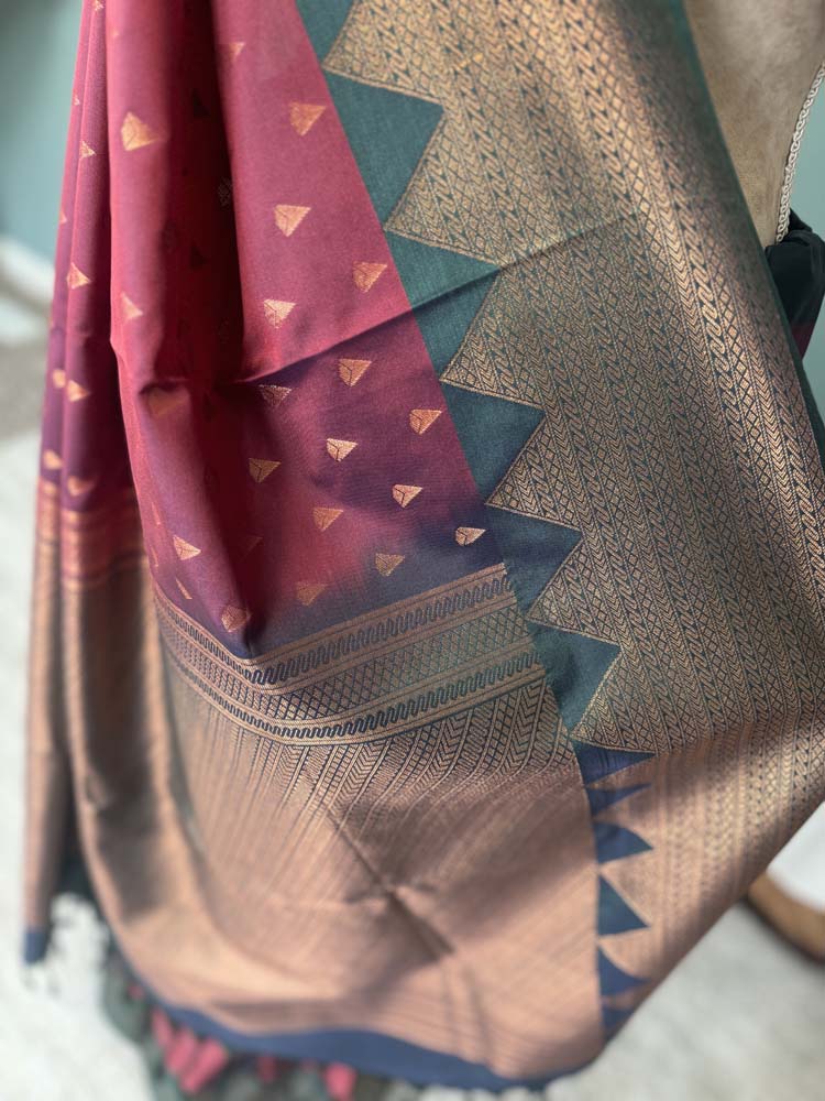 Maroon Green Banarasi Soft Pure Silk Saree