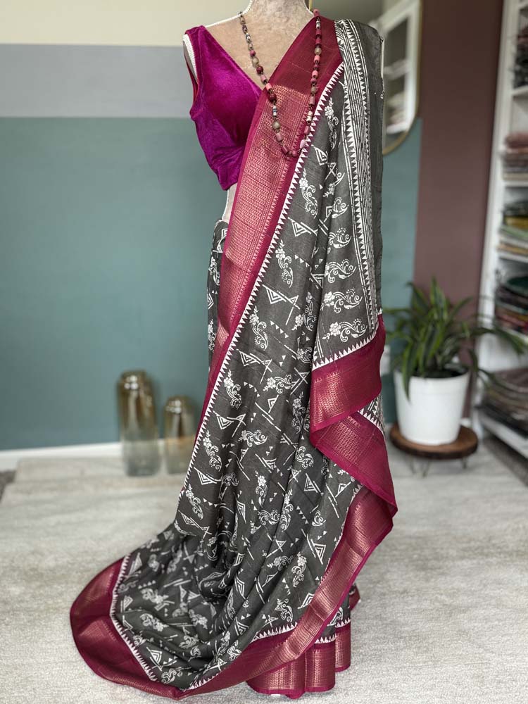 Grey Printed Soft Silk Saree