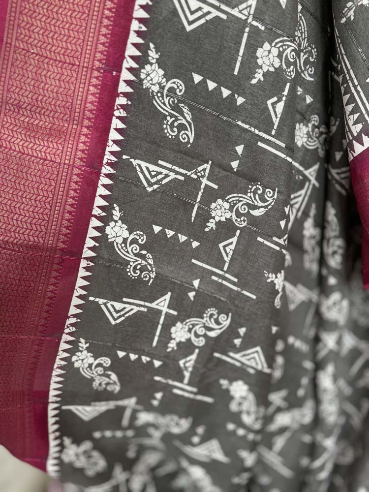 Grey Printed Soft Silk Saree