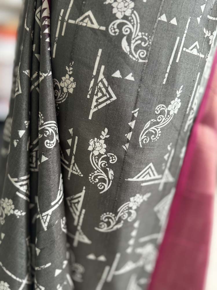 Grey Printed Soft Silk Saree