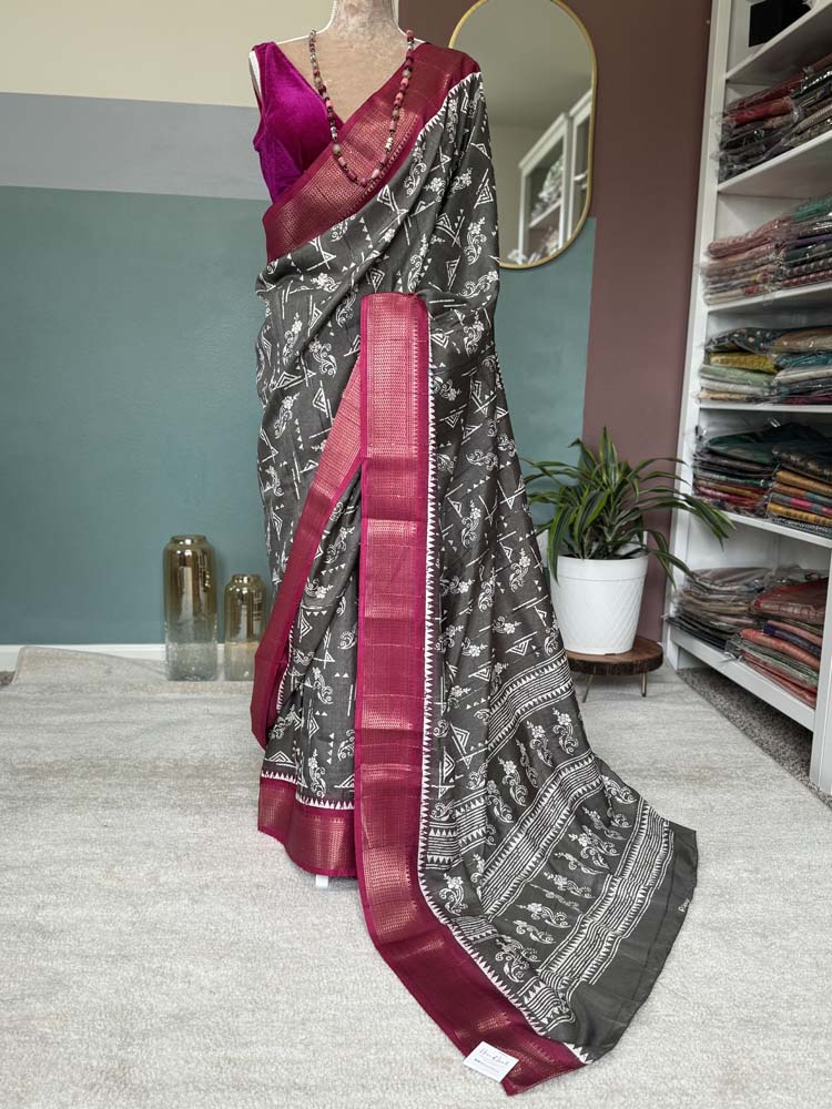 Grey Printed Soft Silk Saree