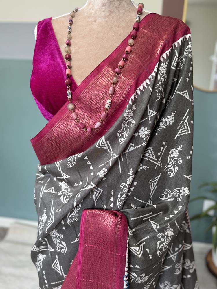 Grey Printed Soft Silk Saree