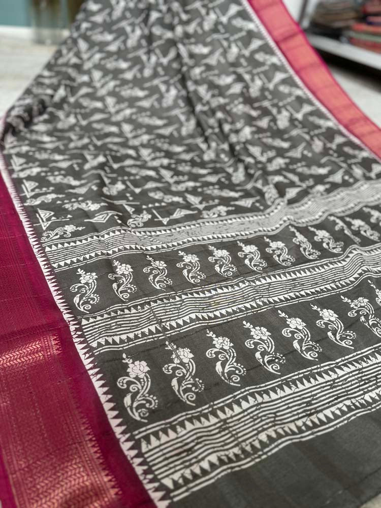 Grey Printed Soft Silk Saree