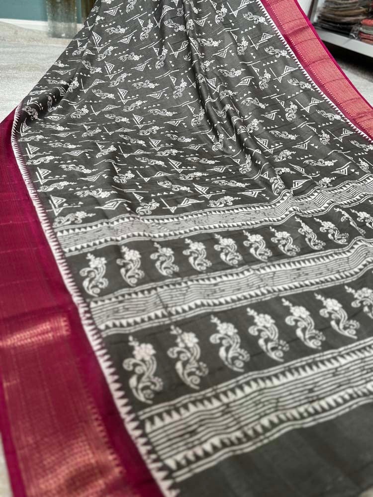 Grey Printed Soft Silk Saree