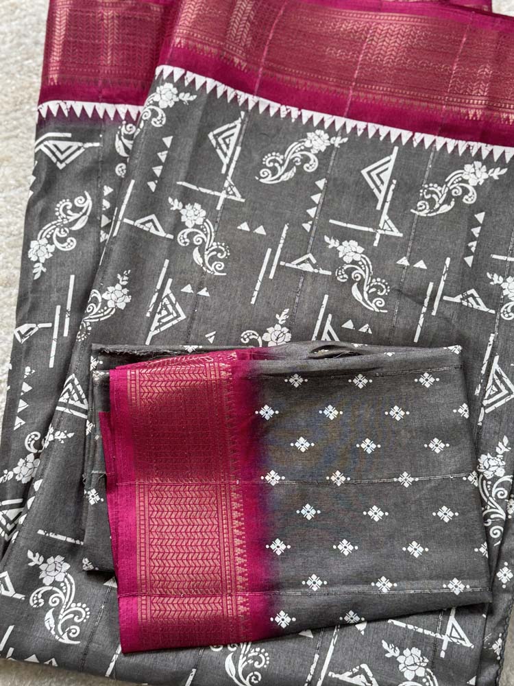 Grey Printed Soft Silk Saree