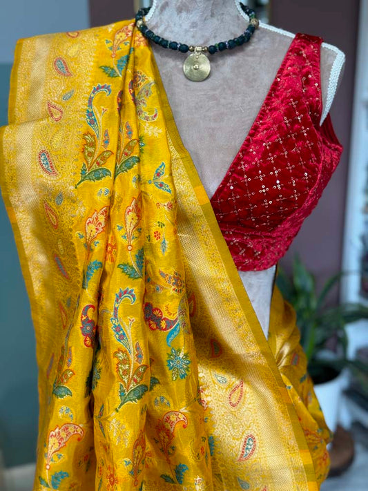 Yellow Kashmiri Kani Weave Silk Saree