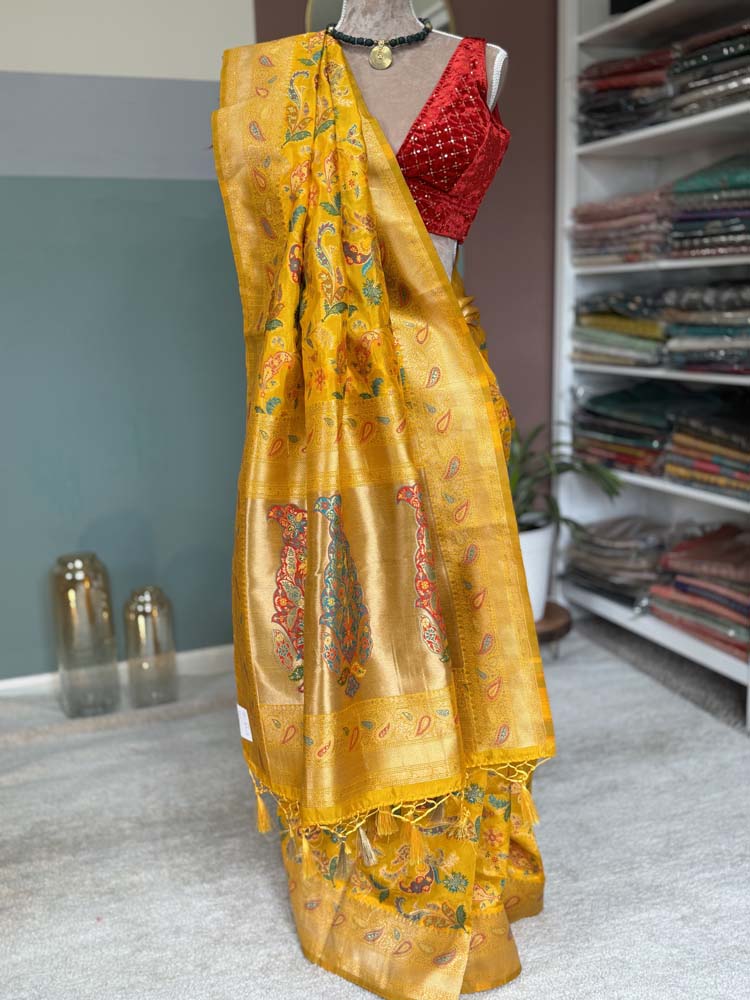 Yellow Kashmiri Kani Weave Silk Saree
