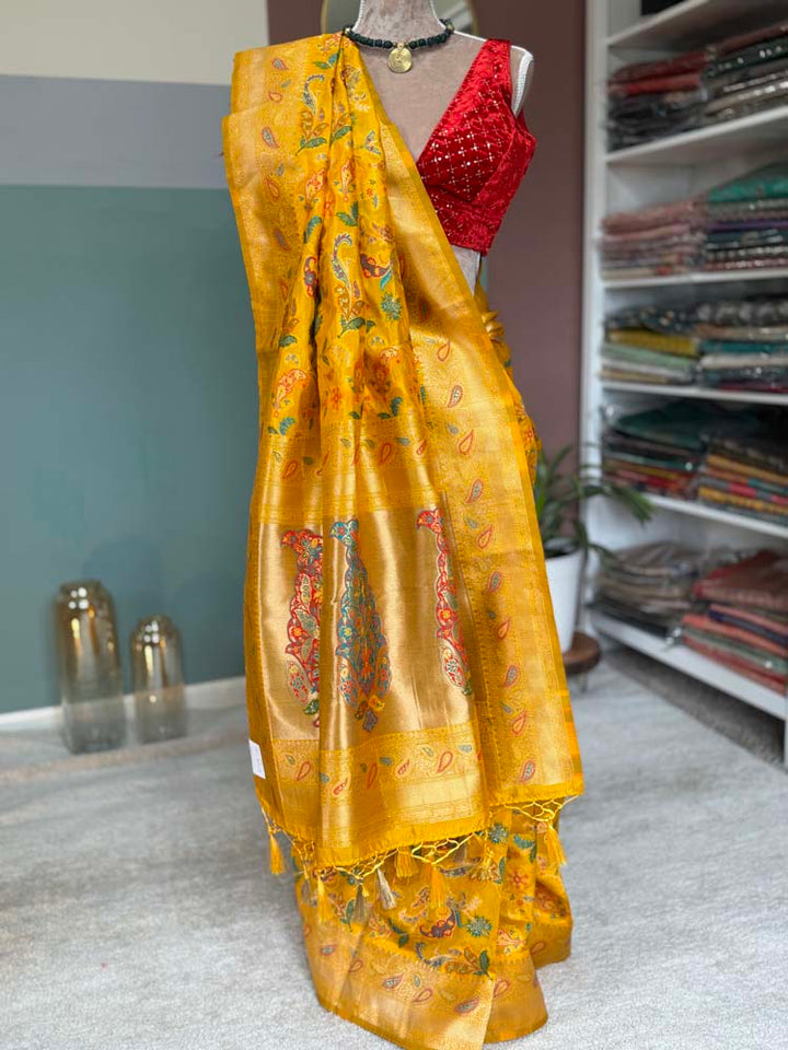 Yellow Kashmiri Kani Weave Silk Saree