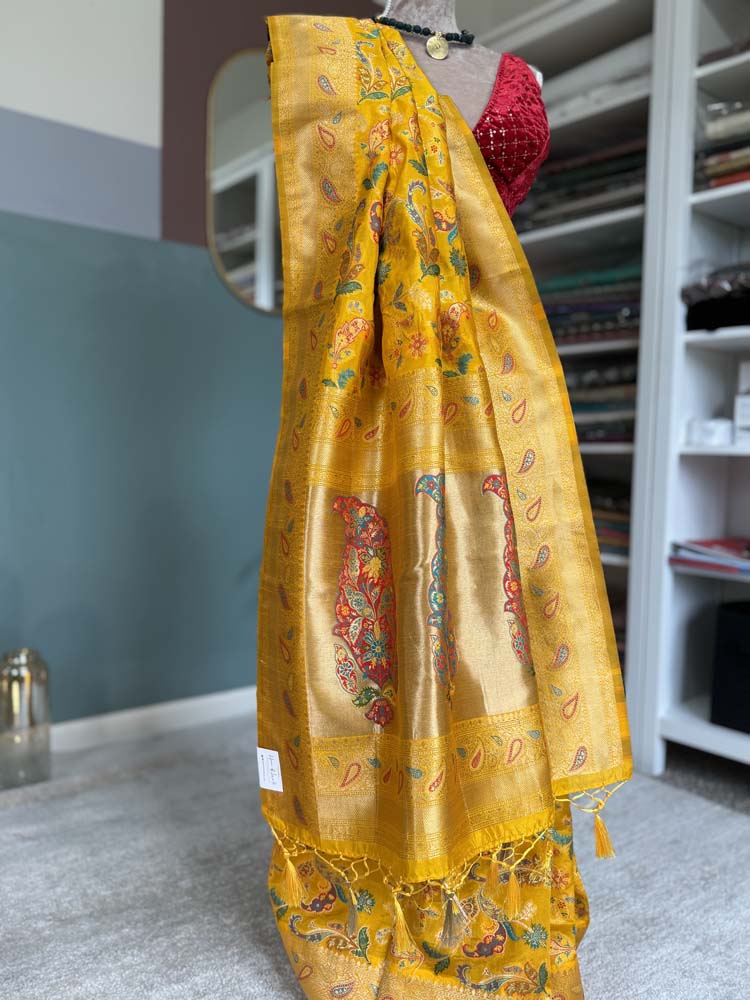 Yellow Kashmiri Kani Weave Silk Saree