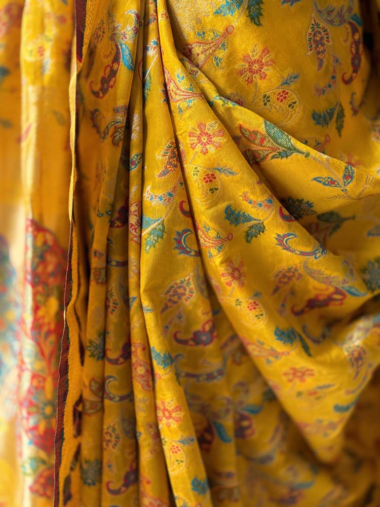 Yellow Kashmiri Kani Weave Silk Saree