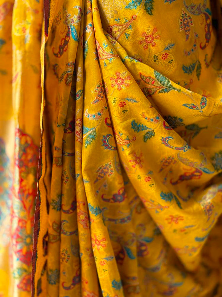 Yellow Kashmiri Kani Weave Silk Saree