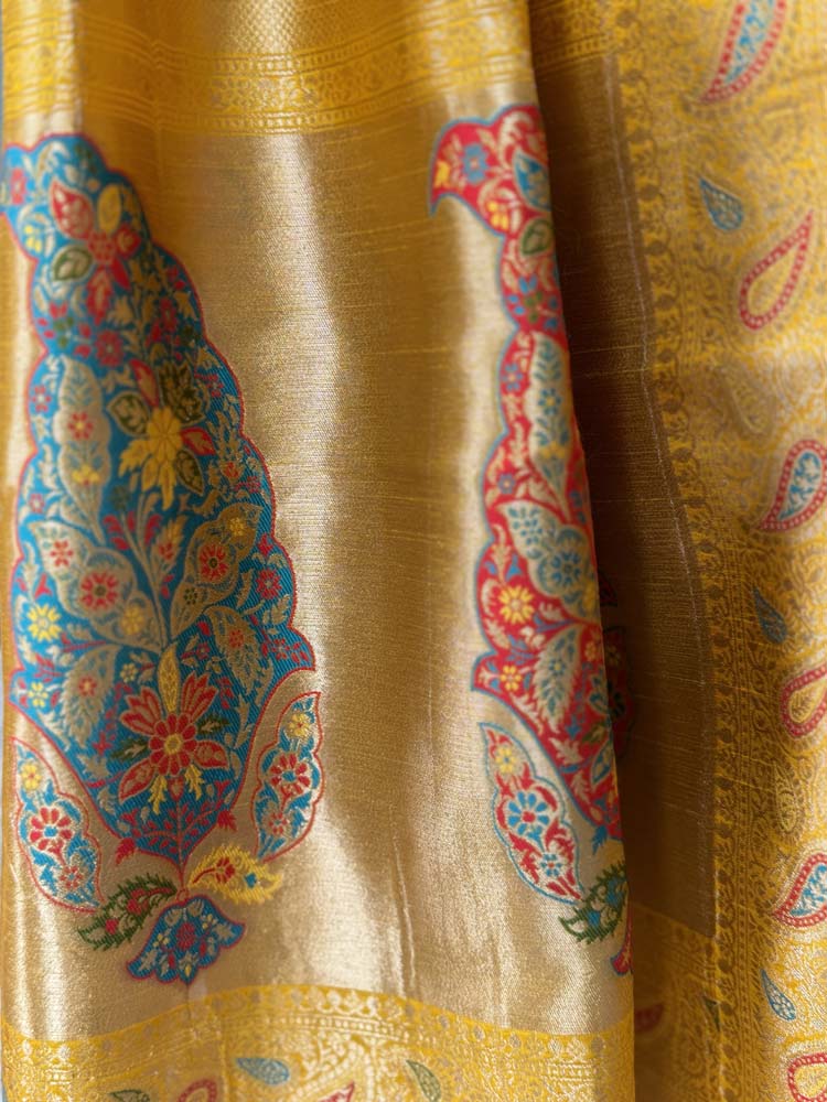 Yellow Kashmiri Kani Weave Silk Saree