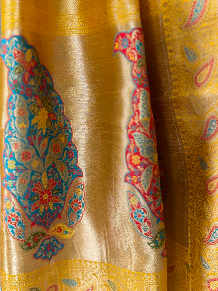 Yellow Kashmiri Kani Weave Silk Saree