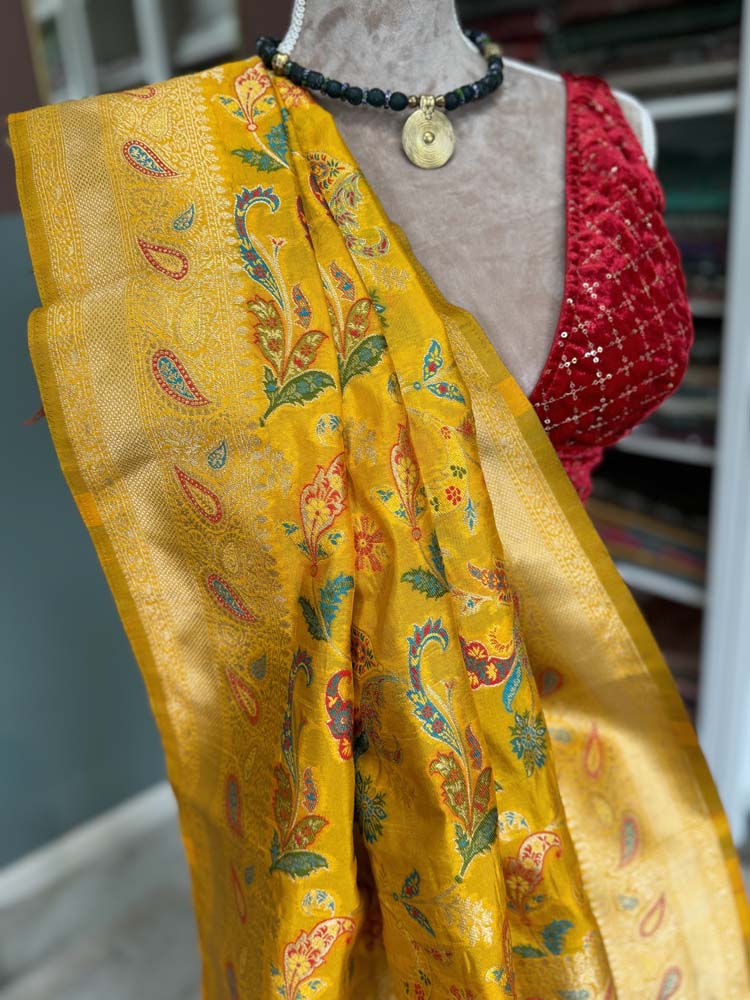 Yellow Kashmiri Kani Weave Silk Saree