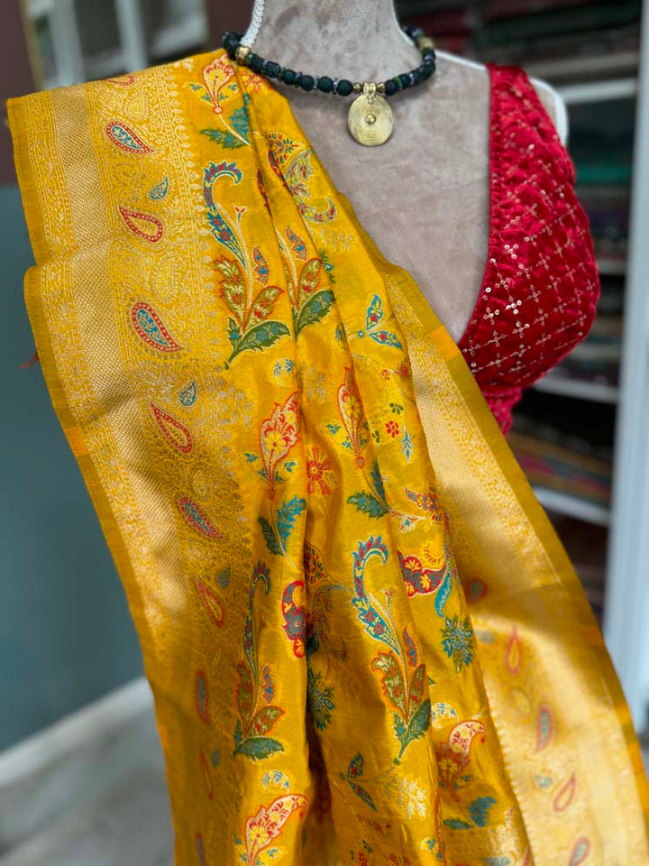 Yellow Kashmiri Kani Weave Silk Saree