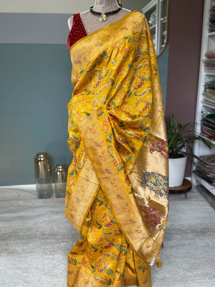 Yellow Kashmiri Kani Weave Silk Saree