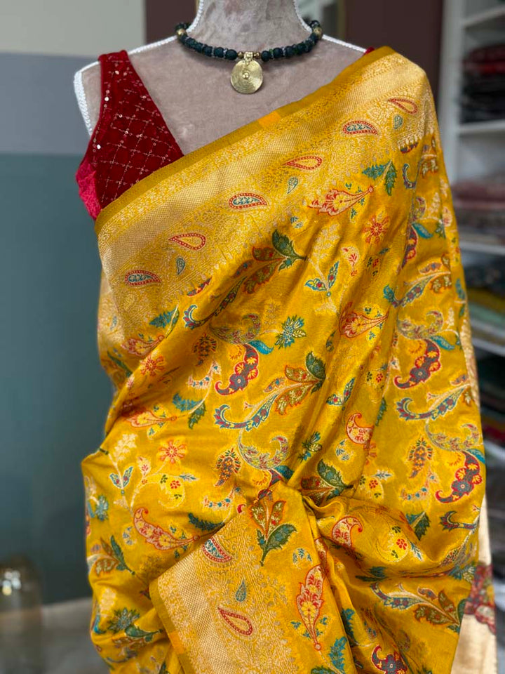 Yellow Kashmiri Kani Weave Silk Saree