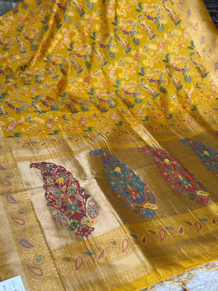 Yellow Kashmiri Kani Weave Silk Saree