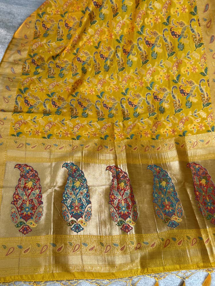 Yellow Kashmiri Kani Weave Silk Saree