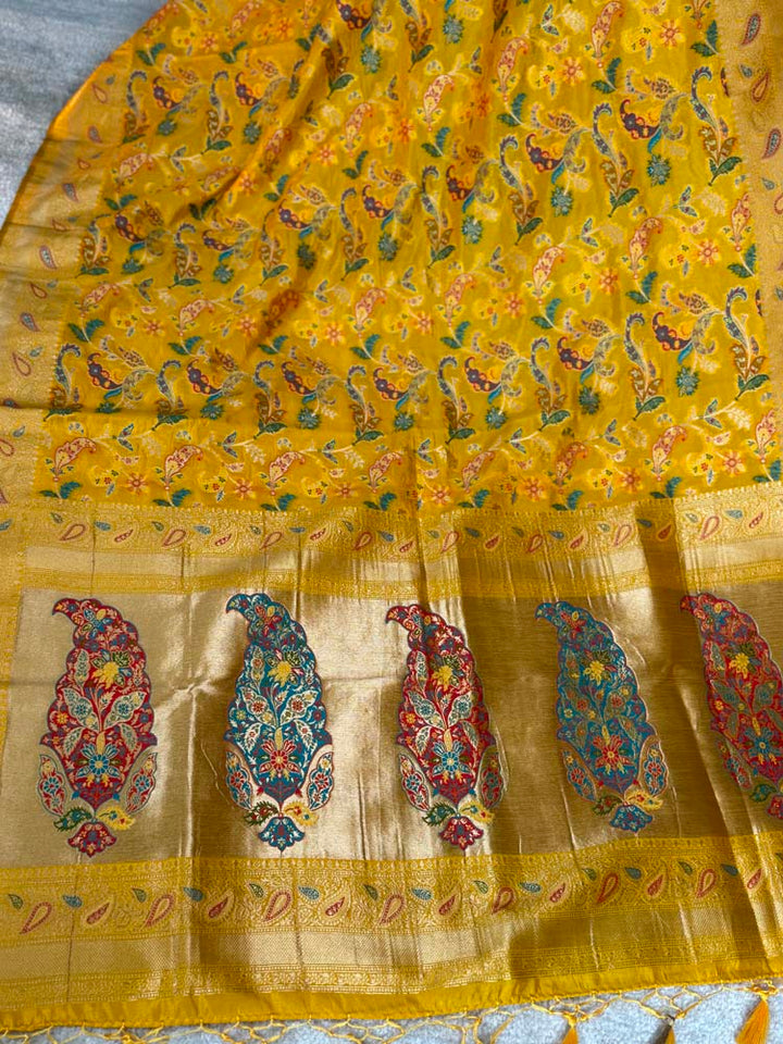 Yellow Kashmiri Kani Weave Silk Saree