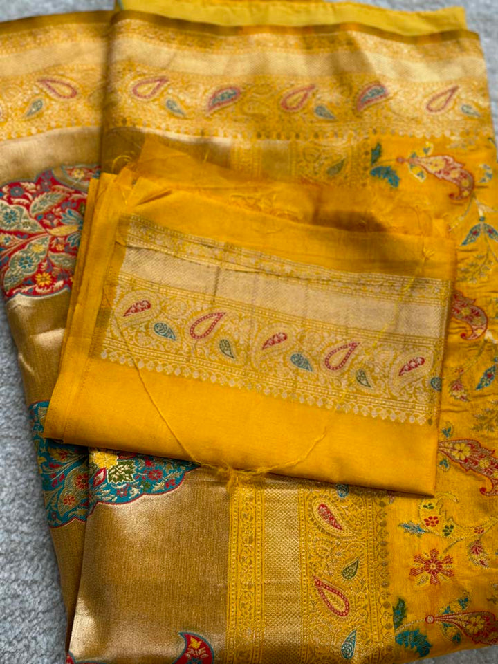 Yellow Kashmiri Kani Weave Silk Saree