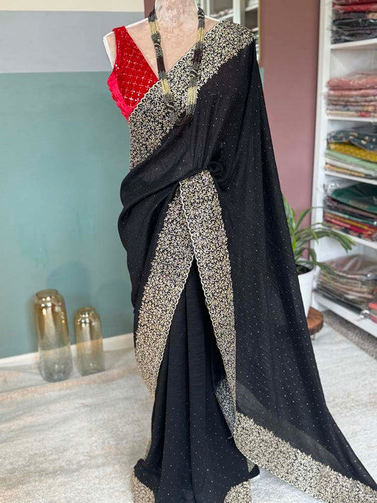 Black Georgette Saree with Gold Zari Embroidery