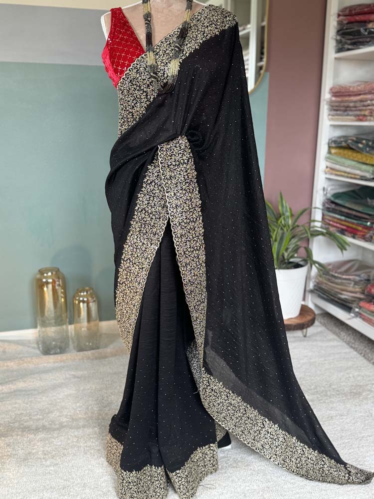 Black Georgette Saree with Gold Zari Embroidery