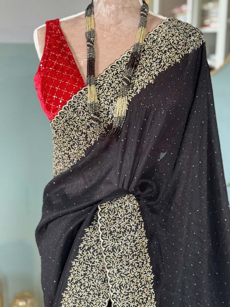 Black Georgette Saree with Gold Zari Embroidery