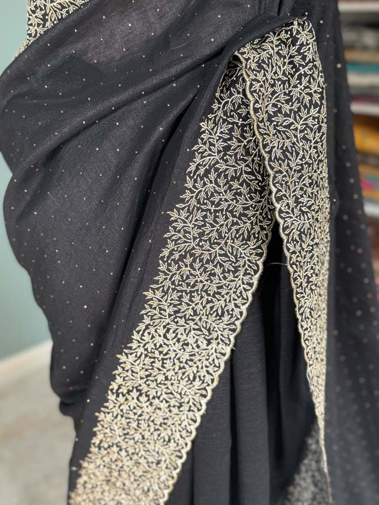 Black Georgette Saree with Gold Zari Embroidery