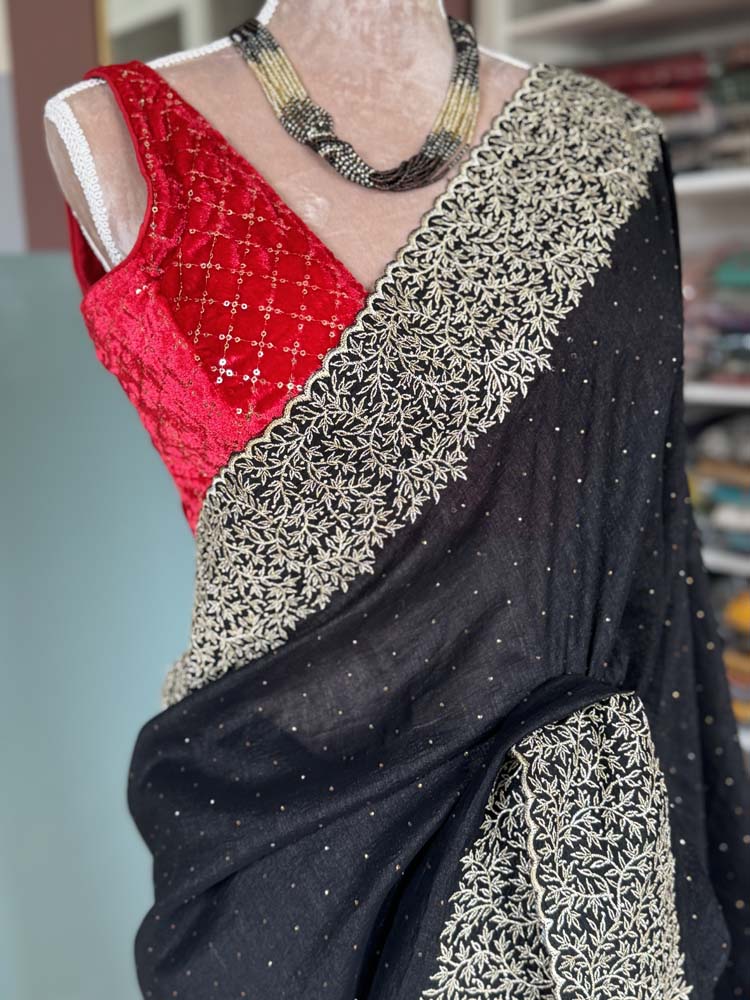 Black Georgette Saree with Gold Zari Embroidery