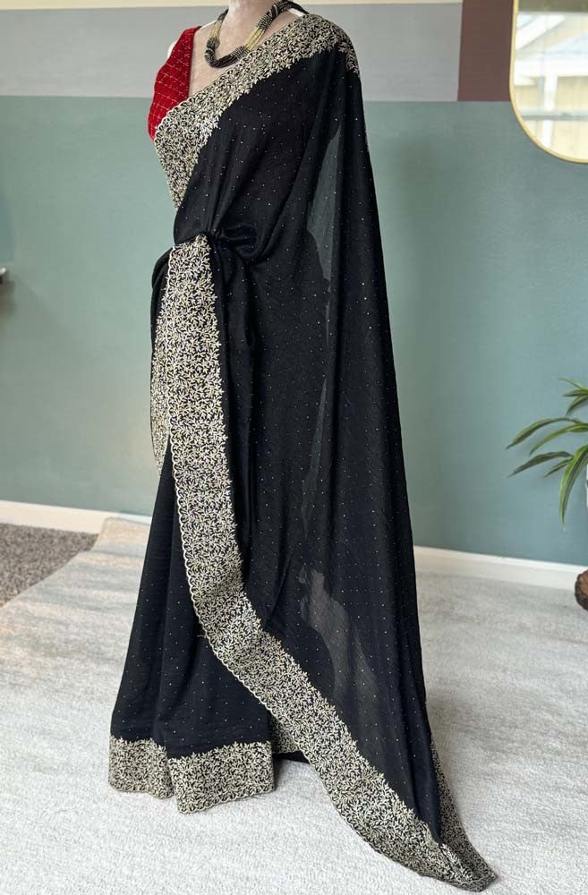 Black Georgette Saree with Gold Zari Embroidery