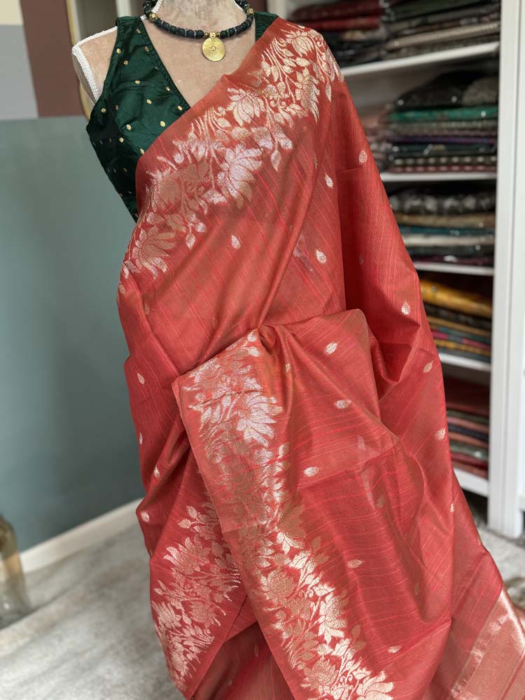 Rust Orange Tussar Silk Saree