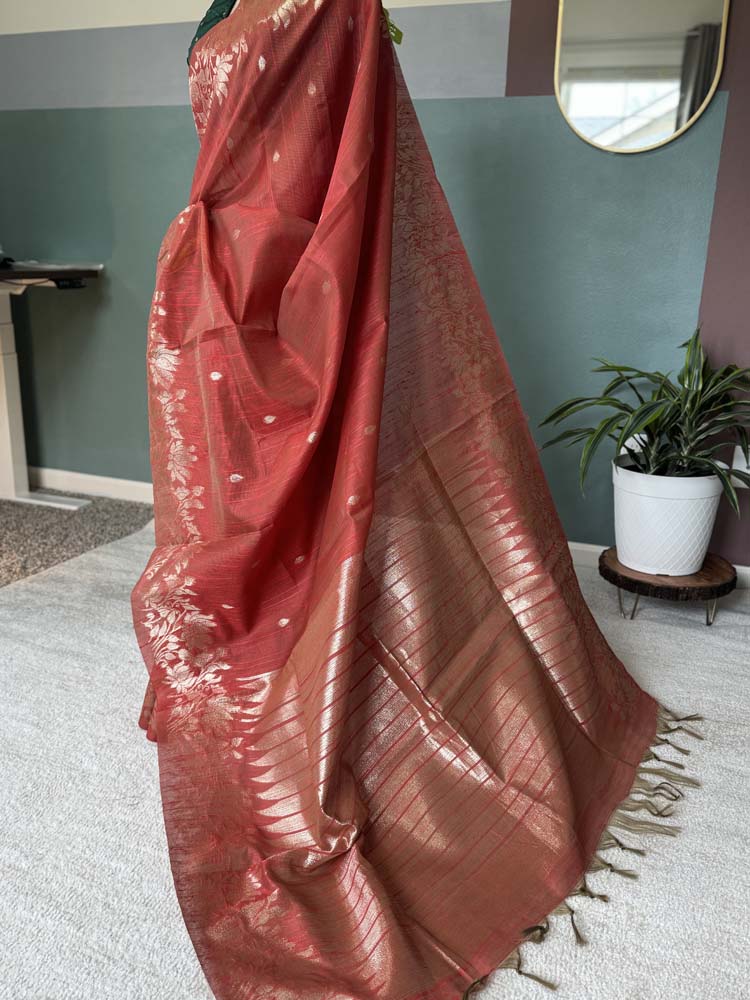 Rust Orange Tussar Silk Saree