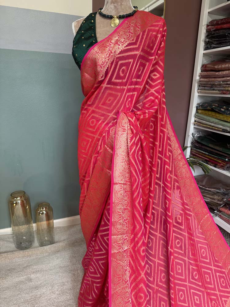 Pink & Gold Woven Georgette Saree