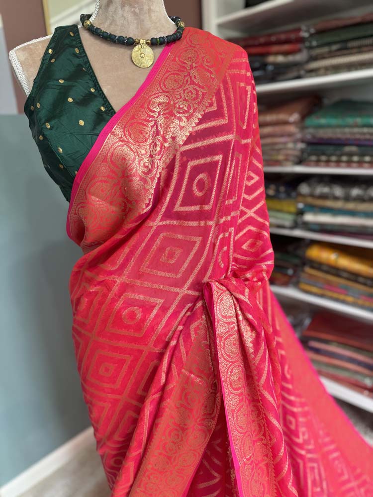 Pink & Gold Woven Georgette Saree