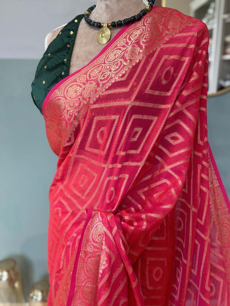 Pink & Gold Woven Georgette Saree