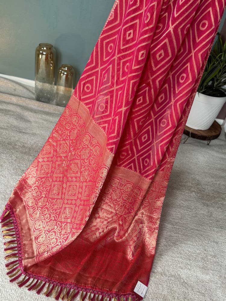 Pink & Gold Woven Georgette Saree