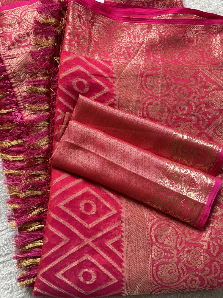 Pink & Gold Woven Georgette Saree