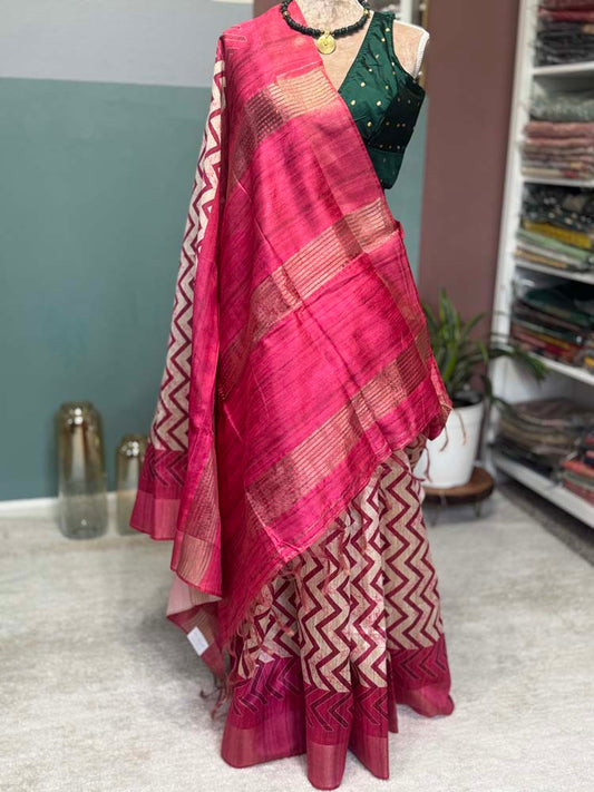 Pink & Off-White Tussar Silk Saree