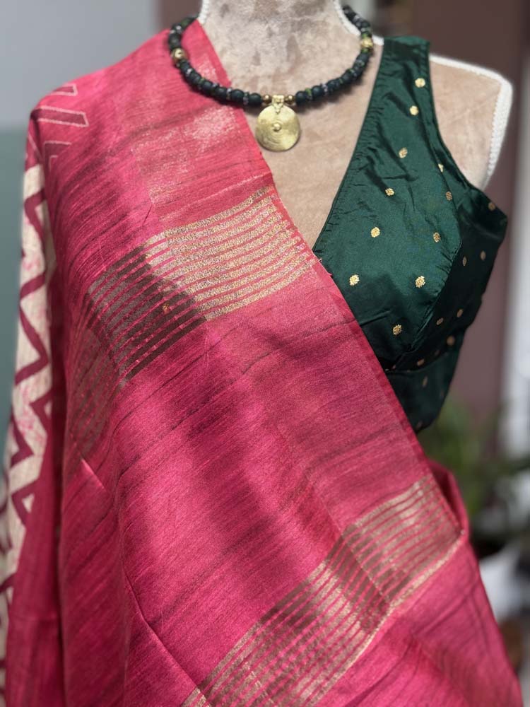 Pink & Off-White Tussar Silk Saree