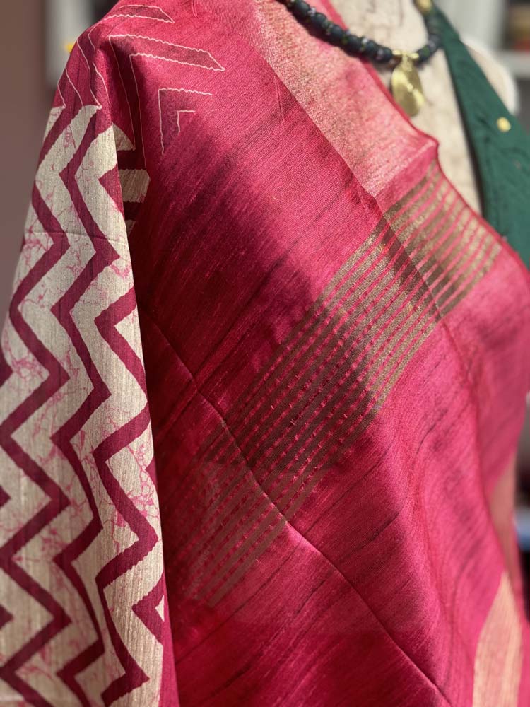 Pink & Off-White Tussar Silk Saree